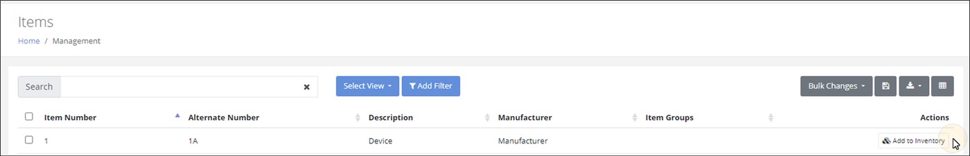 Items page with the pointer on the Add to Inventory button in the Actions column