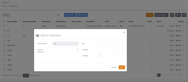 Add to Inventory popup with the Item Number, Unit Of Measure, Site, Location and Quantity fields and the Save button