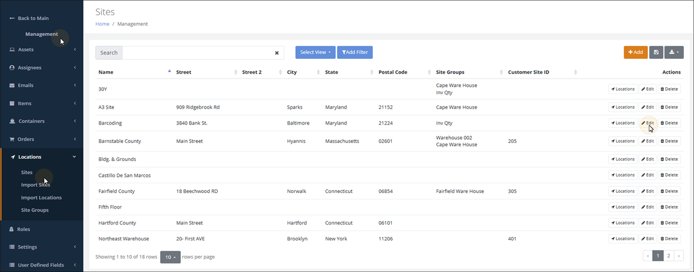 Sites page listing sites with their addresses and site groups, with the Edit button for a site highlighted