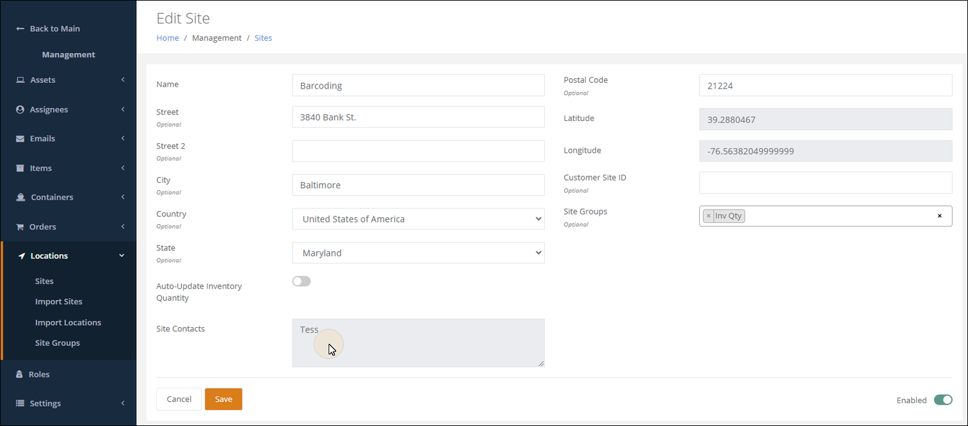Edit Site page with the site address fields and the assignee listed in the Site Contacts box