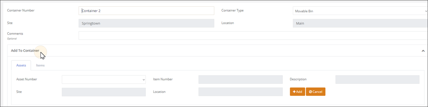 Edit Container page with the pointer on the Add To Container section and its Assets and Items tabs