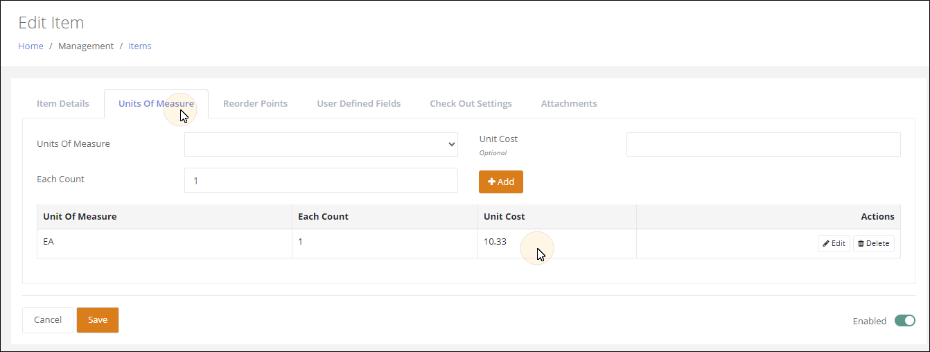 Edit Item page on the Units Of Measure tab showing the Unit Cost column for the EA unit of measure