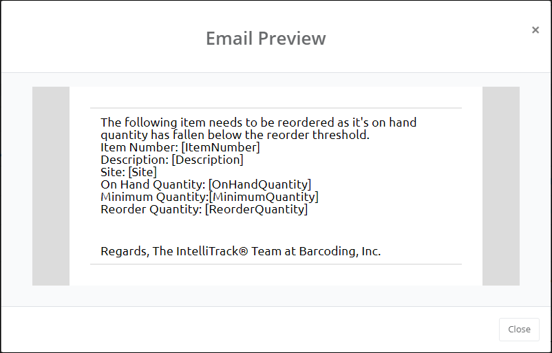Email Preview popup showing the reorder notification text with placeholders for item number, site and quantities