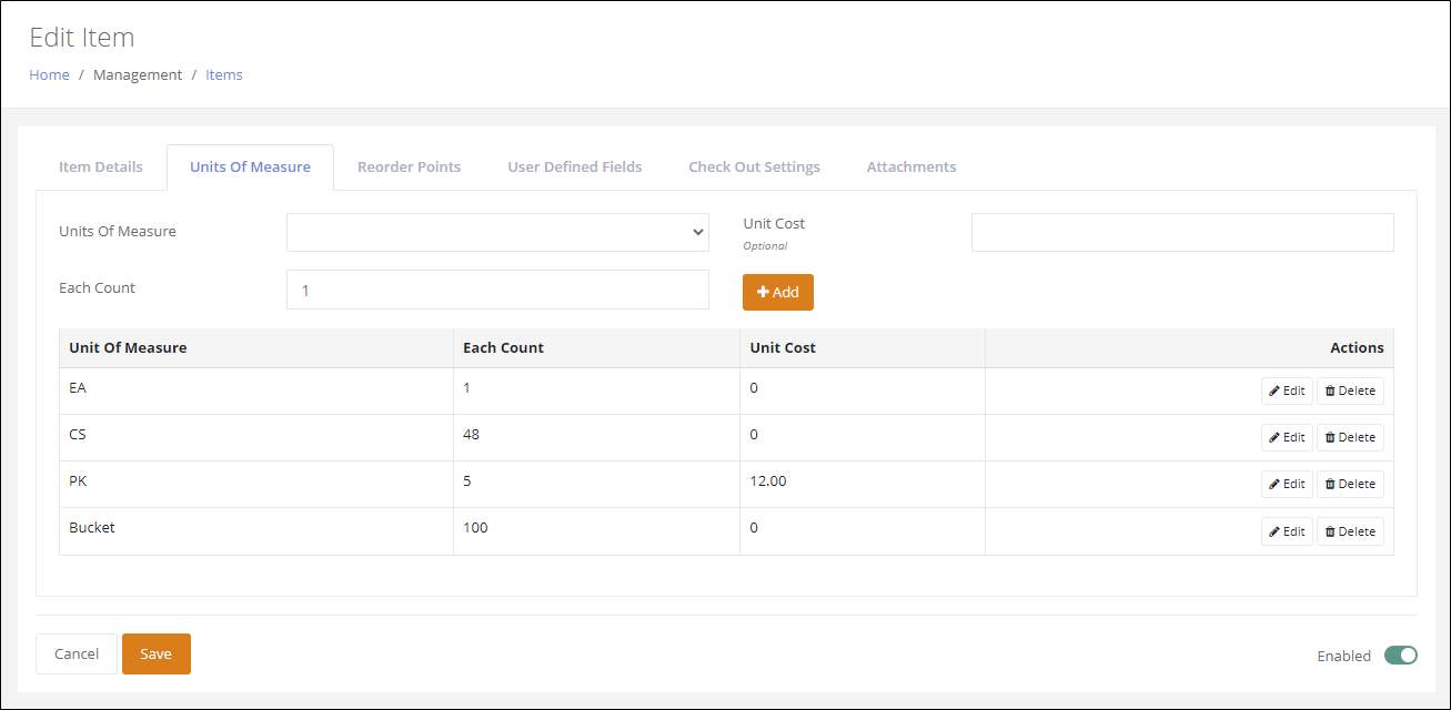 Edit Item page, Units Of Measure tab, with the Unit Cost field and each unit of measure's Unit Cost and Edit button