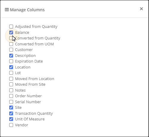 Manage Columns window with the Balance checkbox being marked among the column options