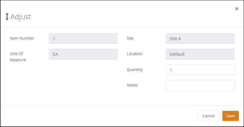 Adjust form with read-only Item Number, Unit Of Measure, Site and Location and editable Quantity and Notes fields