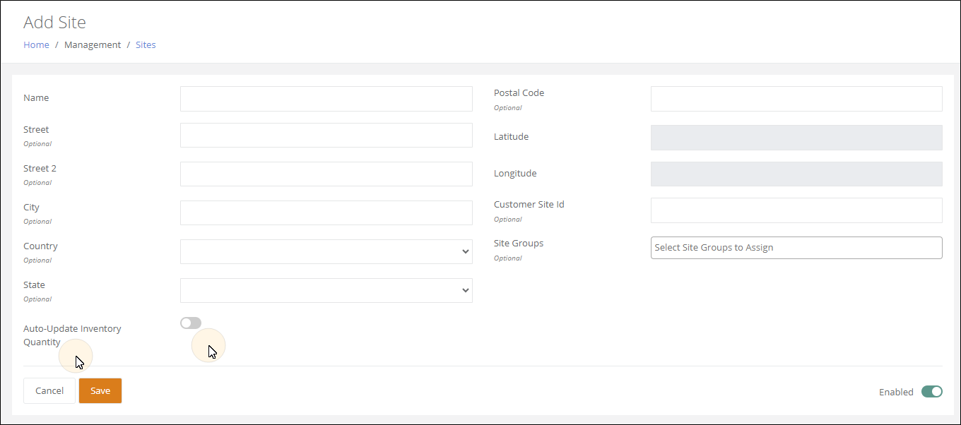 Add Site page with the Auto-Update Inventory Quantity toggle switched off