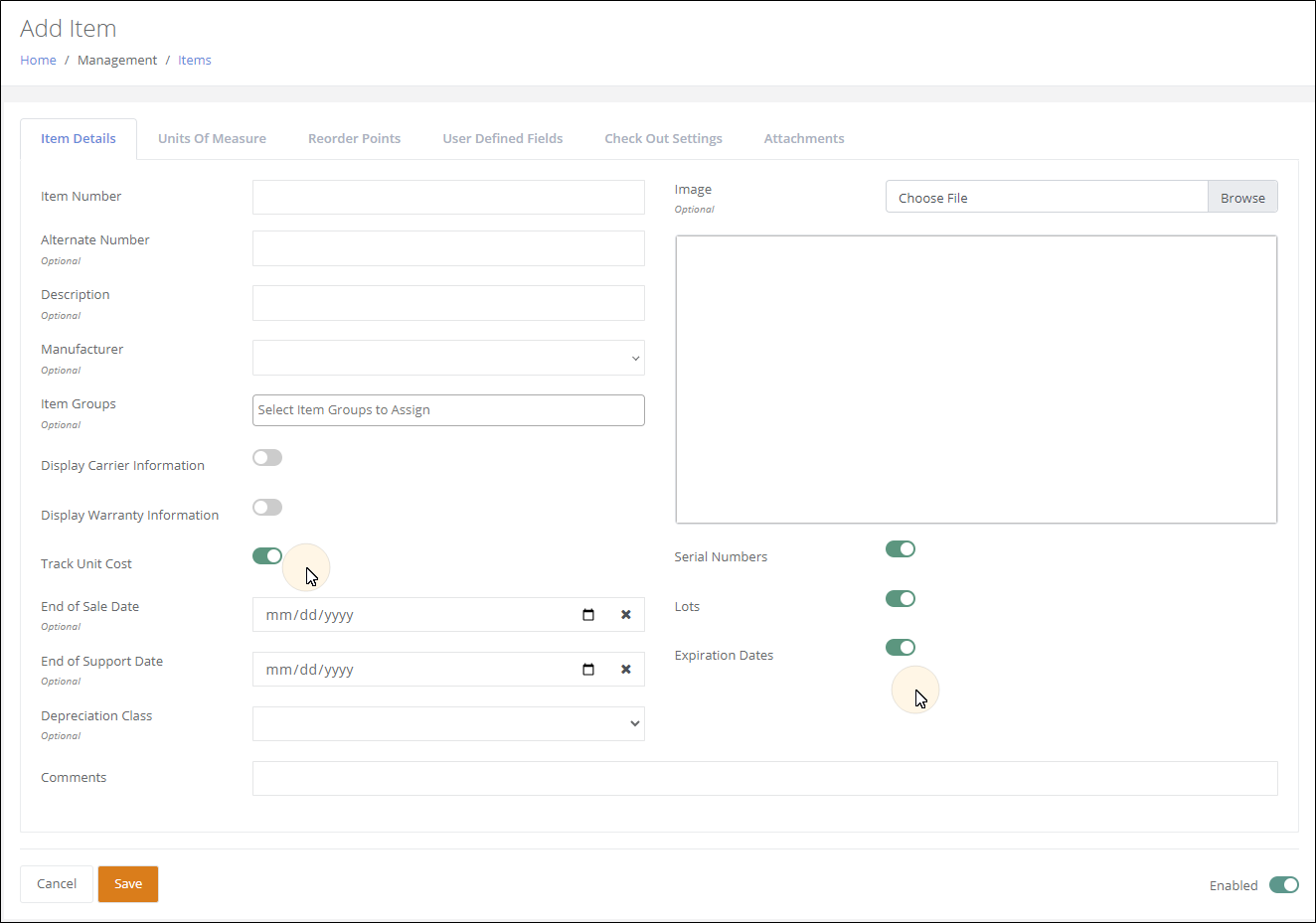 Add Item page, Item Details tab, with the Track Unit Cost, Serial Numbers, Lots and Expiration Dates toggles switched on