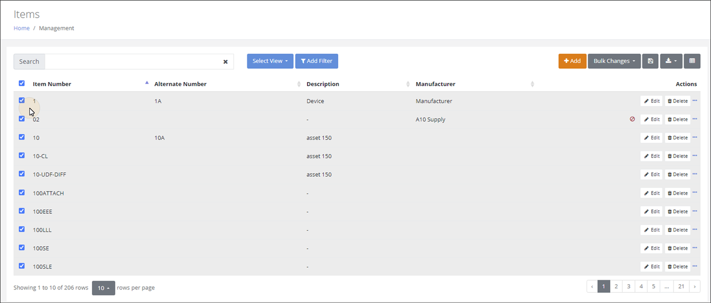 Items page with the checkboxes to the left of each item marked to select records for labels