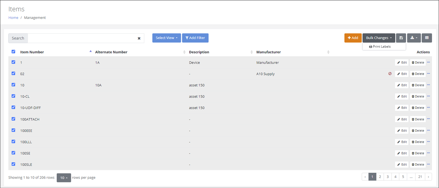 Items page with all rows selected and the Bulk Changes menu open to the Print Labels option
