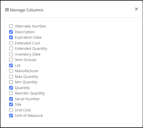 Manage Columns window with checkboxes for each column, including Description, Lot, Quantity, Serial Number and Site marked