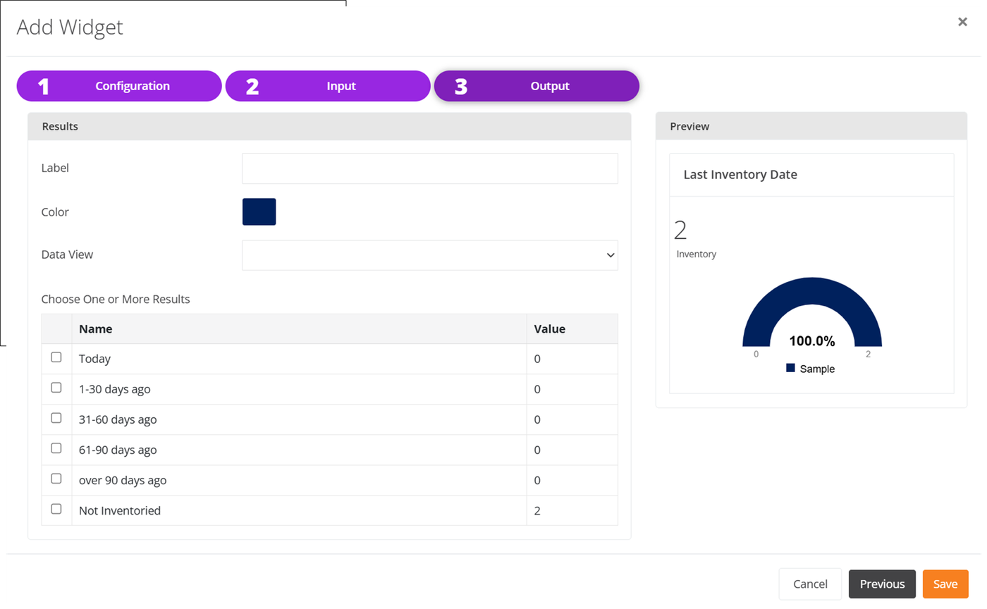 Add Widget wizard on the Output step with Label, Color, Data View and the Choose One or More Results list beside the Preview