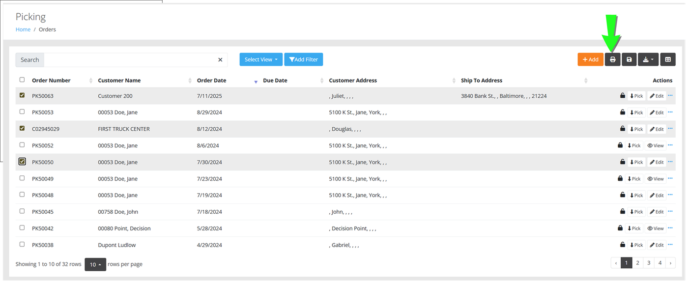 Picking page with several orders selected and an arrow pointing to the Print button in the upper right