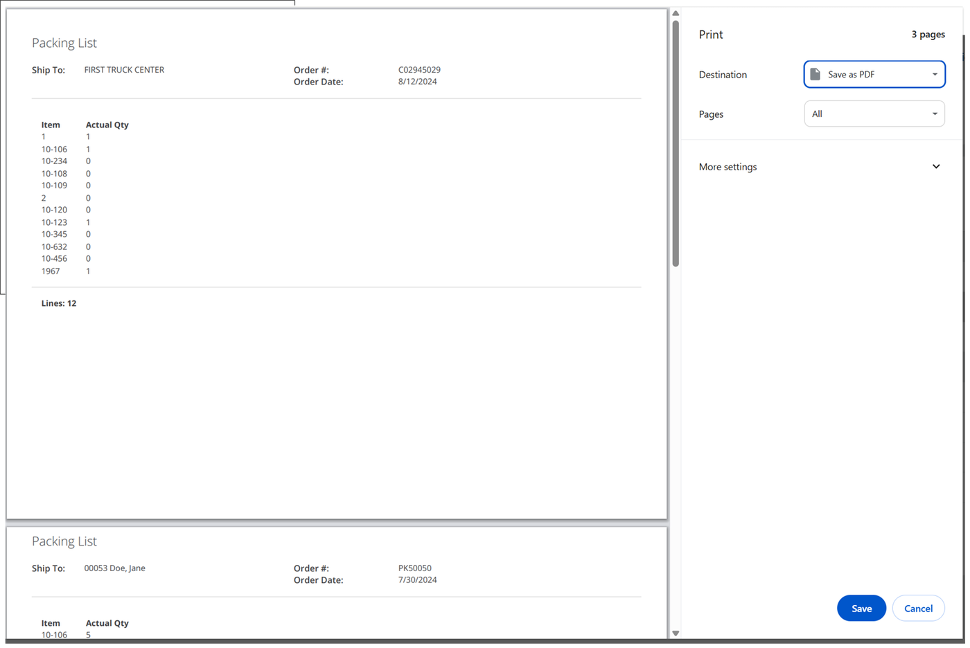 Print window showing Packing List previews for the selected orders with the Destination set to Save as PDF