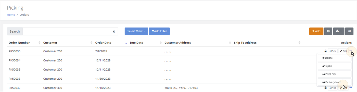 Picking page with the More Options menu open for an order and the pointer on the Delivery Note option