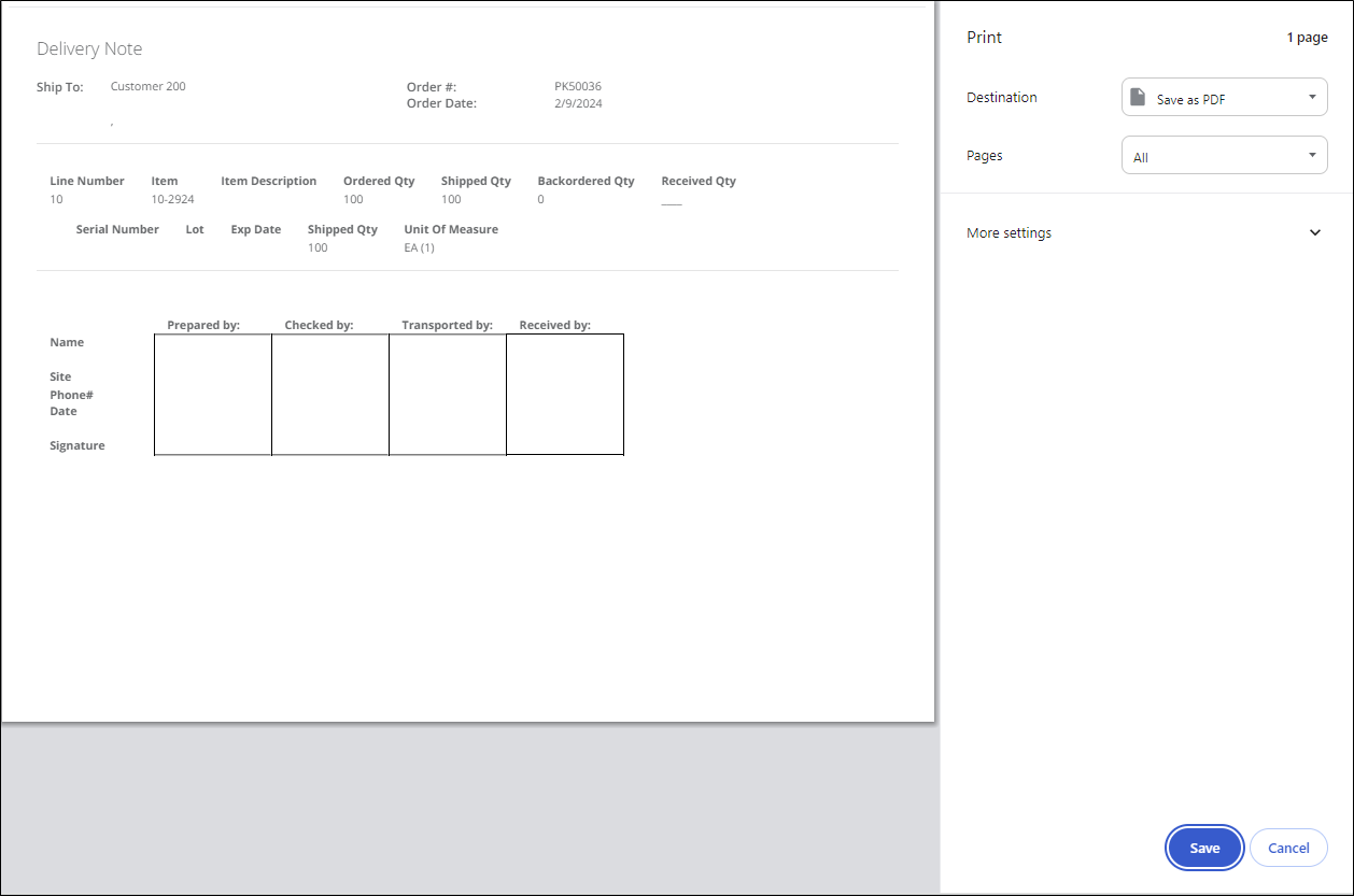 Print window showing a Delivery Note preview with order line details and Prepared by, Checked by, Transported by and Received by boxes