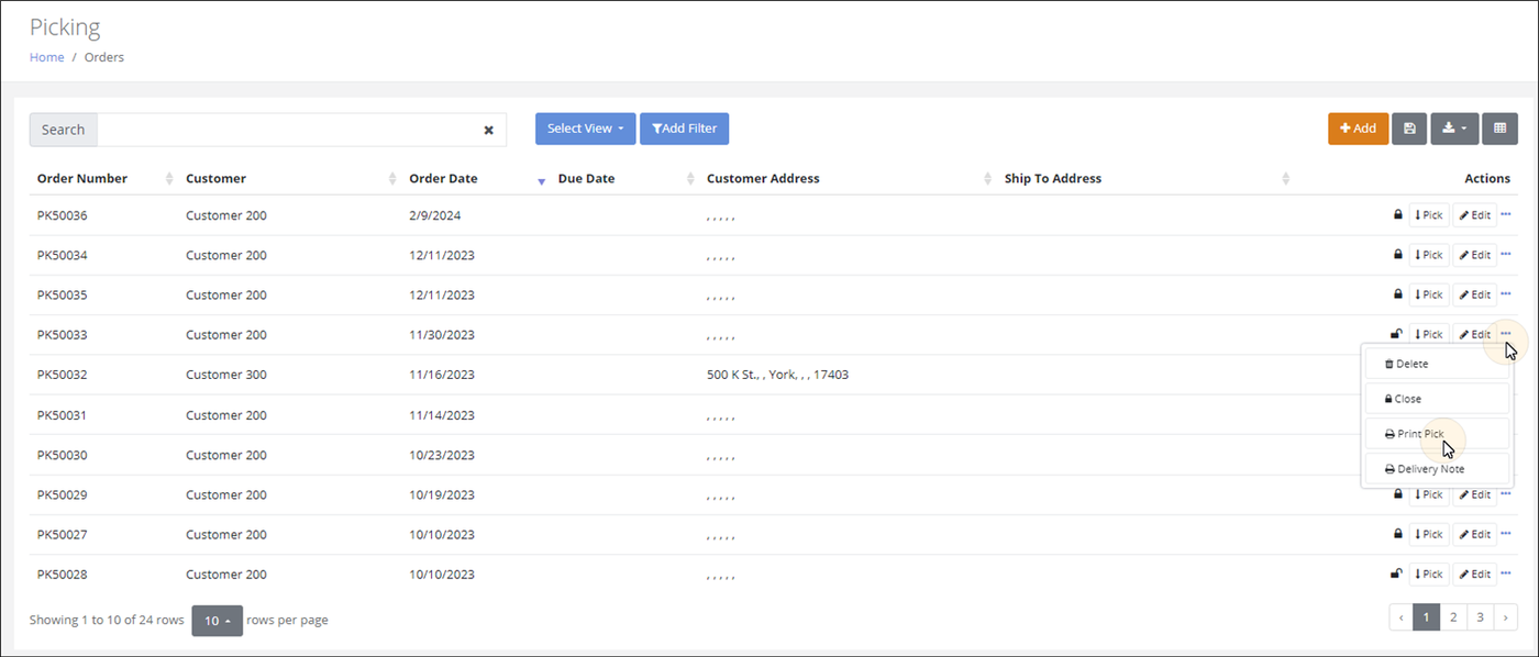 Picking page with the More Options menu open for an order and the pointer on the Print Pick option