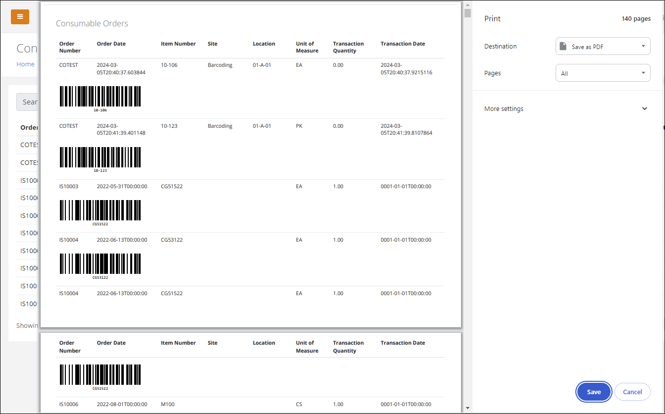 Print window previewing the Consumable Orders list, with each order line and a barcode for its item number