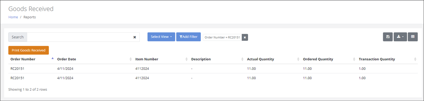Goods Received report filtered to one Order Number, with the Print Goods Received button above the results