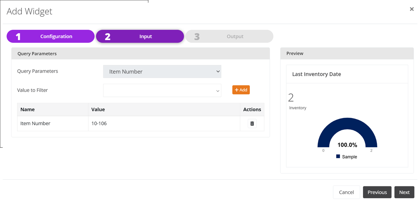 Add Widget wizard on the Input tab with Query Parameters set to Item Number, the Value to Filter field and a Preview gauge