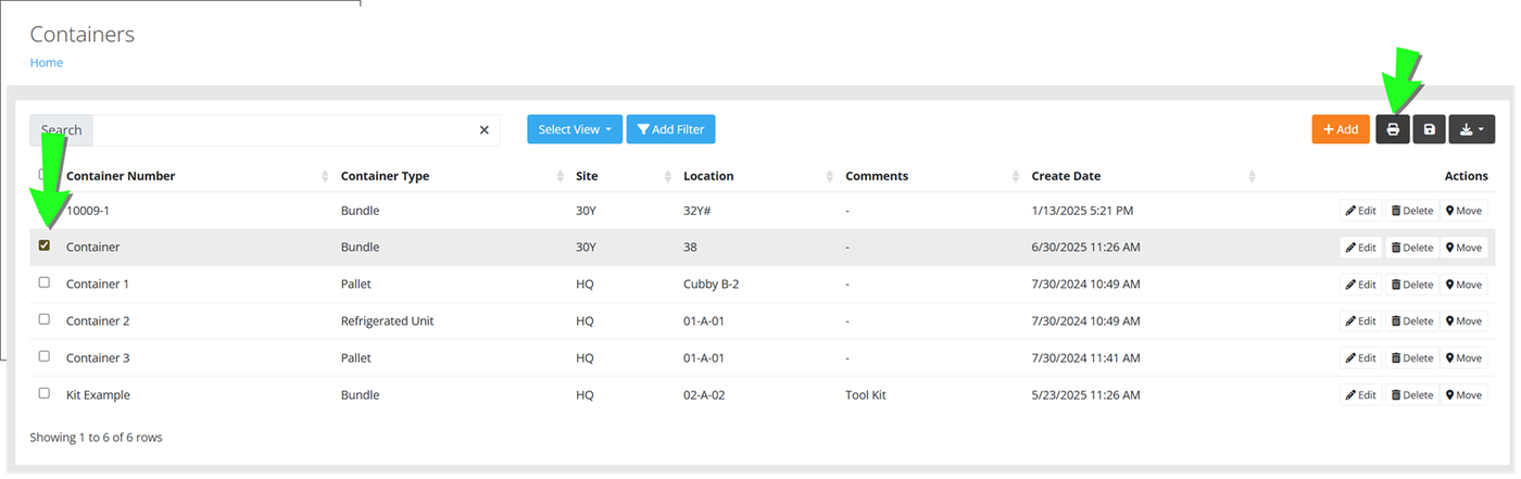 Containers page with one container selected and arrows pointing to its checkbox and the Print button