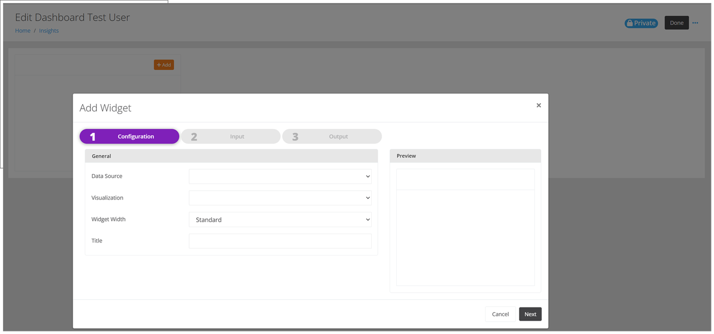 Add Widget wizard on the Configuration tab with the Data Source, Visualization, Widget Width and Title fields