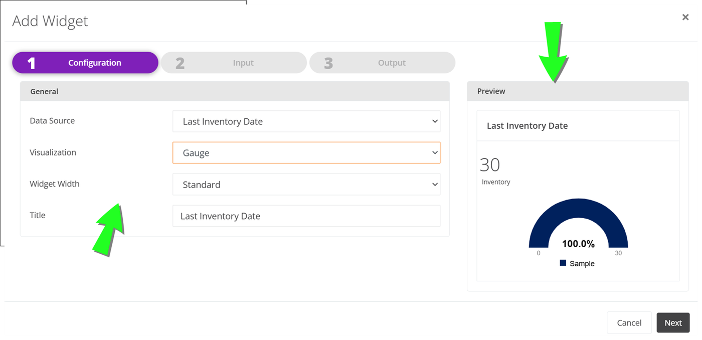 Add Widget wizard Configuration step with Data Source, Visualization, Widget Width and Title filled in and a gauge shown in the Preview pane