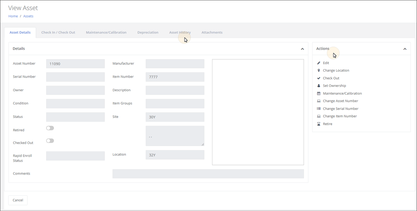 View Asset page with the Actions pane listing Edit, Change Location, Check Out, Set Ownership, Maintenance/Calibration, Change Asset Number, Change Serial Number, Change Item Number and Retire