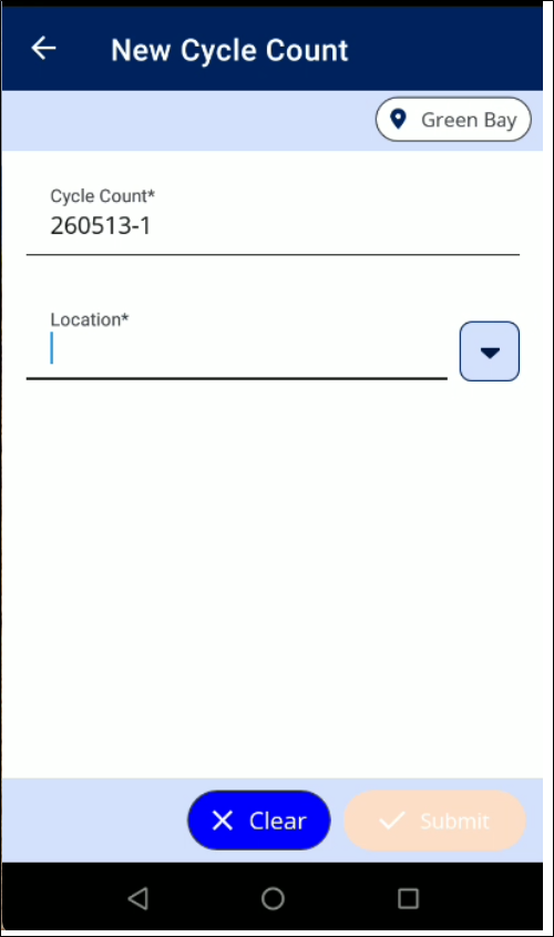 New Cycle Count screen in IntelliTrack Mobile with the Cycle Count name filled in and an empty Location field with its down arrow