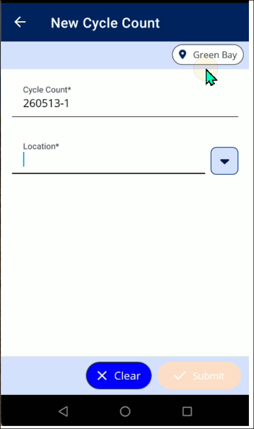New Cycle Count screen in IntelliTrack Mobile with the Site button in the upper right, Cycle Count and Location fields, and Clear and Submit buttons