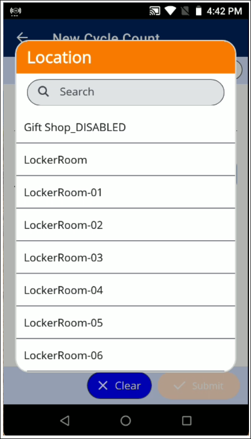 Location popup in IntelliTrack Mobile over the New Cycle Count screen, with a Search field and a list of locations