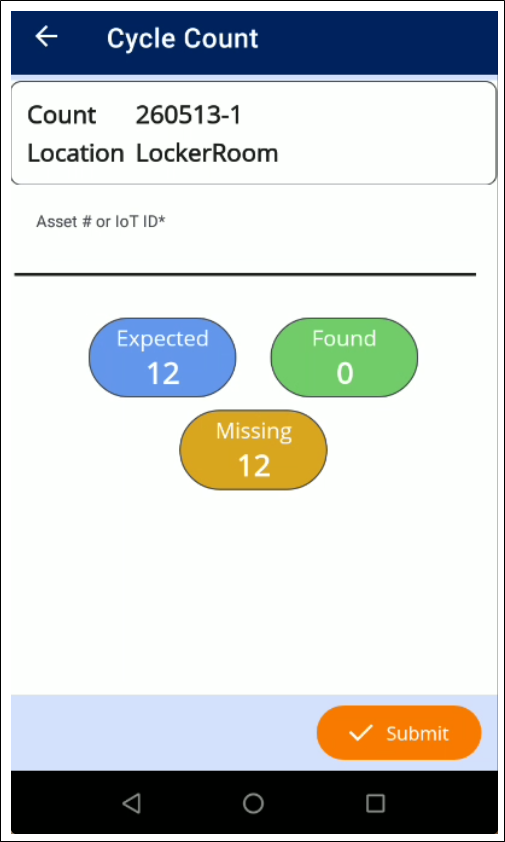 Cycle Count screen in IntelliTrack Mobile showing the count and location, the Asset # or IoT ID field, and Expected, Found and Missing totals