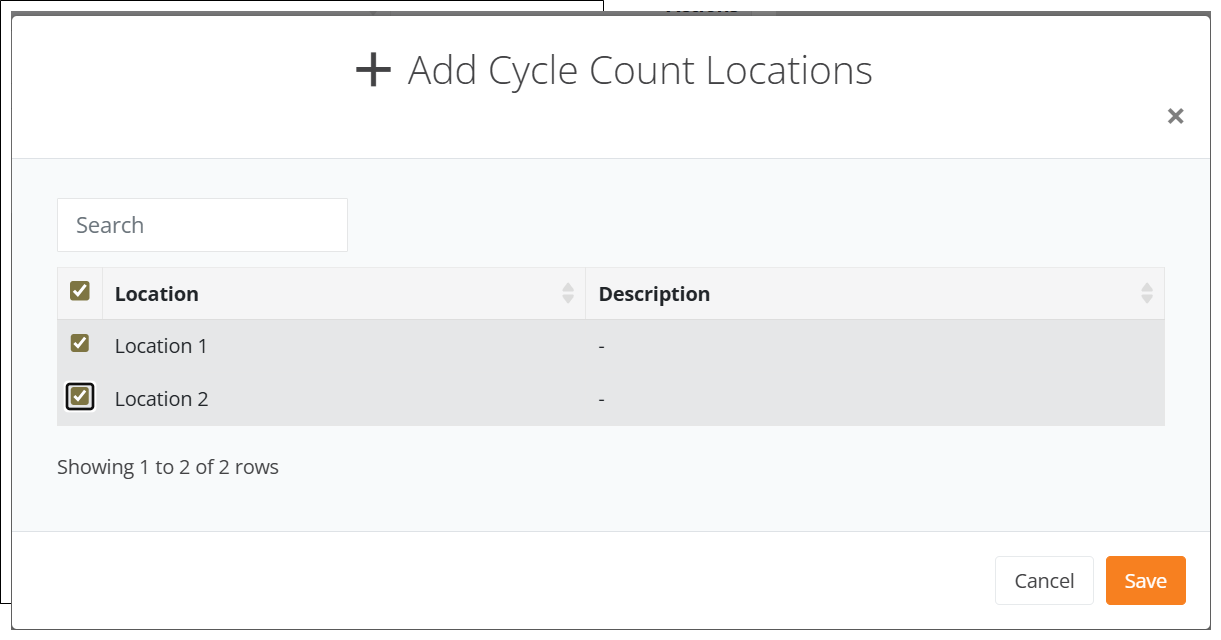Add Cycle Count Locations popup with the Location 1 and Location 2 check boxes marked and the Save button