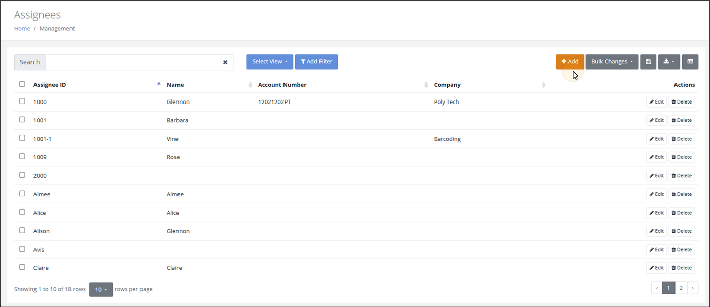 Assignees page listing Assignee ID, Name, Account Number and Company, with the pointer on the Add button