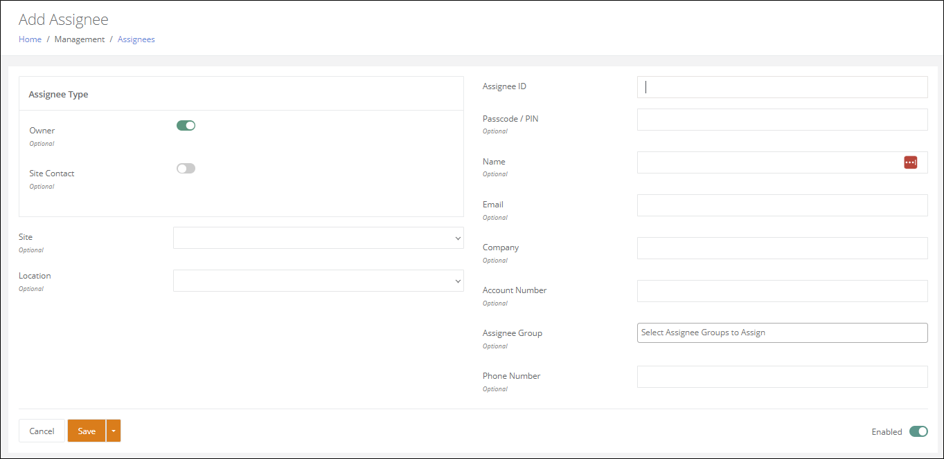 Add Assignee page with the Owner and Site Contact assignee type toggles and the Assignee ID, Name and contact fields