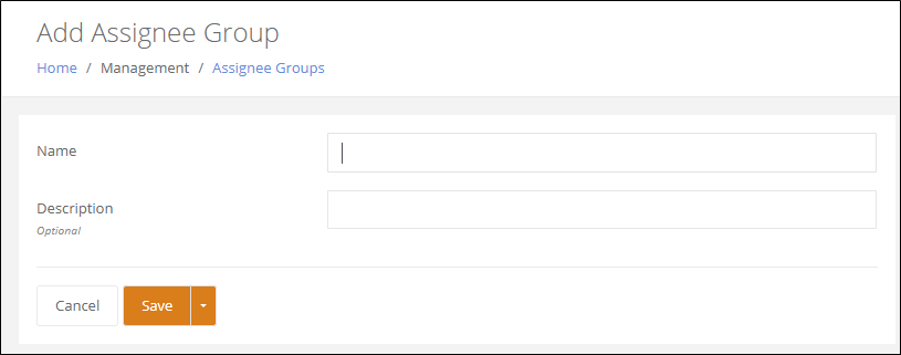 Add Assignee Group page with the Name and optional Description fields and the Save button