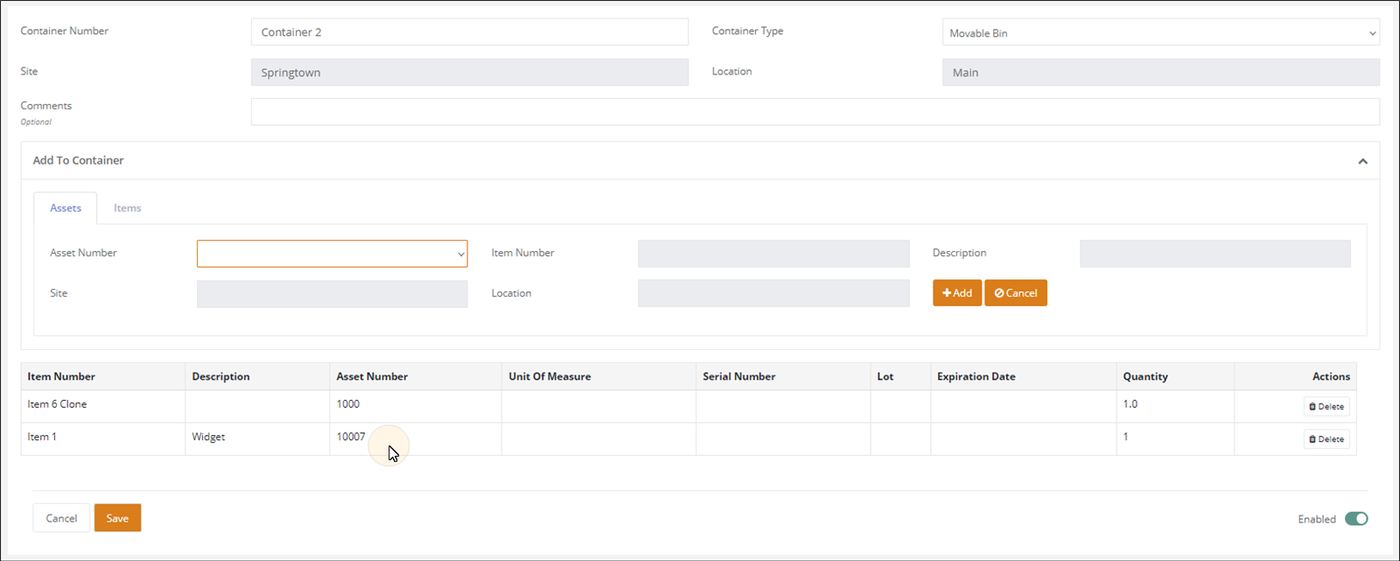 Edit container page with the Add To Container section's Assets tab and the added assets listed above the Save button