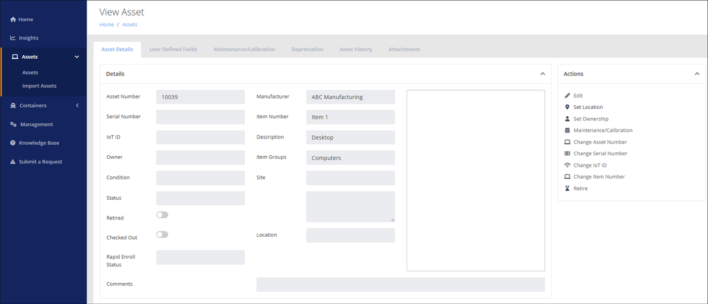 View Asset page, Asset Details tab, showing the asset's details and the Actions list