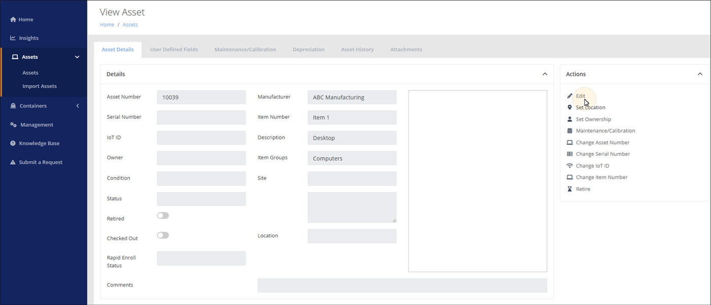 View Asset page on the Asset Details tab with the pointer on the Edit option in the Actions pane