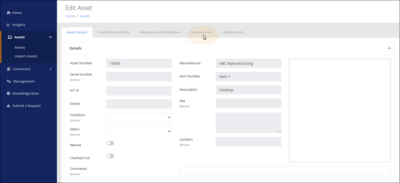 Edit Asset page with the Depreciation tab highlighted next to the Asset Details tab