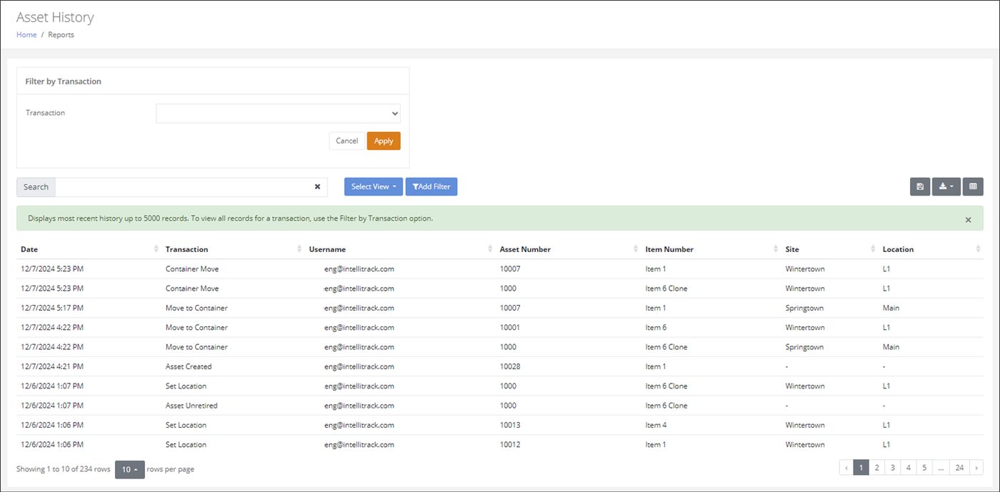 Asset History report with the Filter by Transaction section and a list of transactions by date, username, asset number, site and location