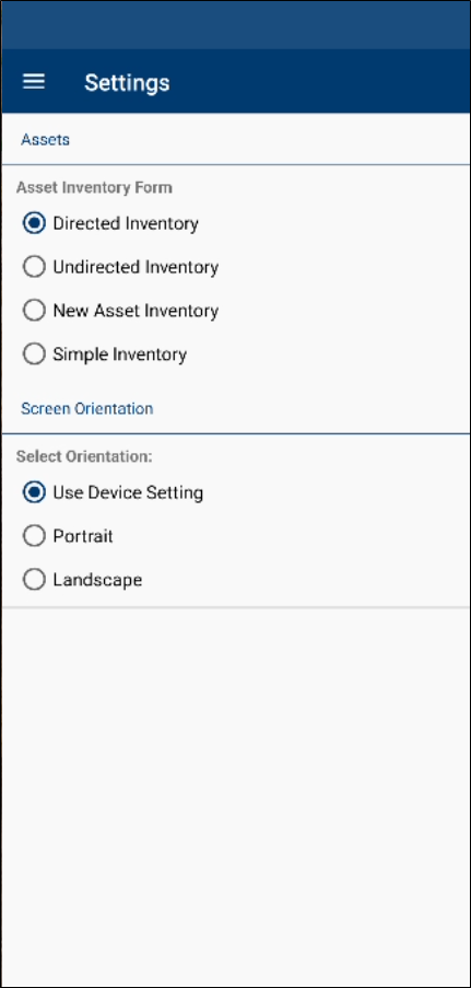 Settings screen in IntelliTrack Mobile with Asset Inventory Form options Directed, Undirected, New Asset and Simple Inventory, and Screen Orientation options