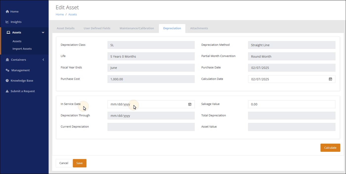 Edit Asset page on the Depreciation tab with the pointer on the empty In Service Date field, plus the Salvage Value field and Calculate button