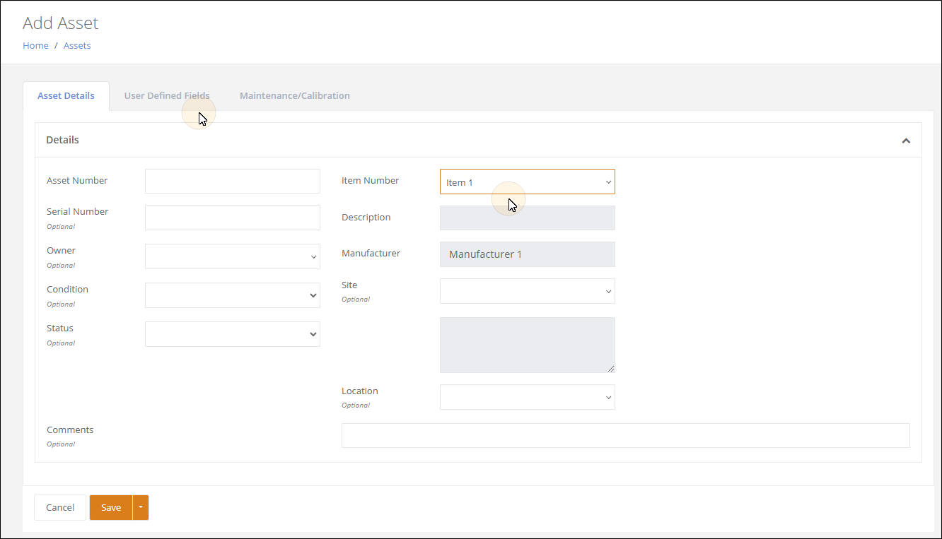 Add Asset page with an Item Number selected and the User Defined Fields tab highlighted