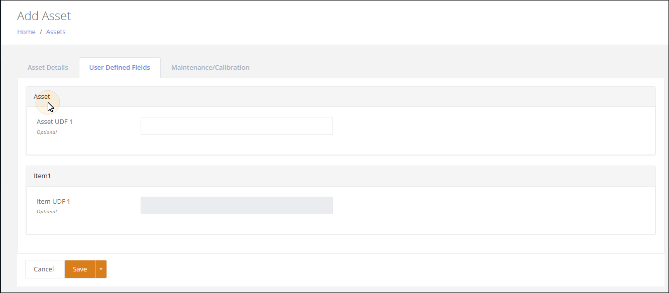 Add Asset page, User Defined Fields tab, showing the editable Asset UDF 1 field in the Asset group and the read-only Item UDF 1 field in the Item1 group