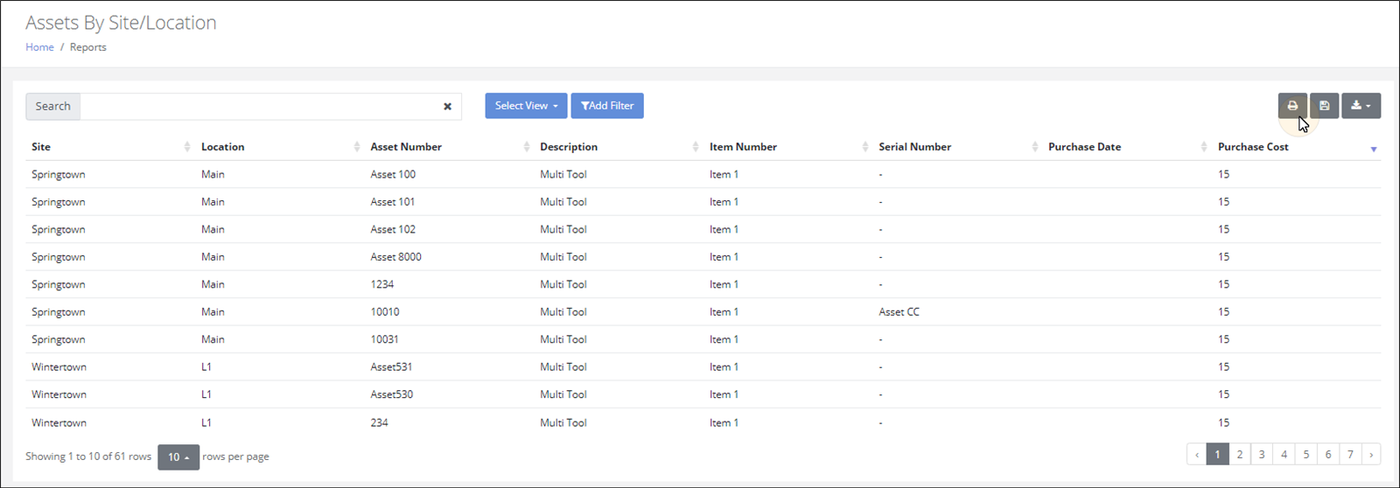 Assets By Site/Location report listing assets by Site and Location with Purchase Cost, and the pointer on the Print button