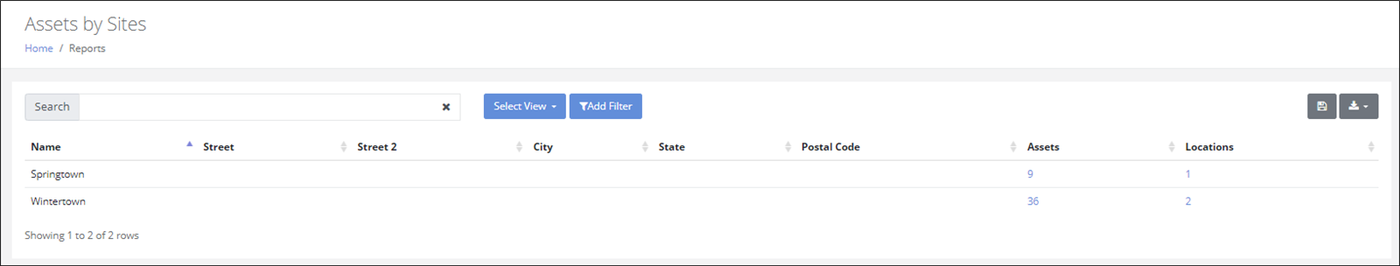 Assets by Sites report listing each site with its address columns and linked Assets and Locations counts