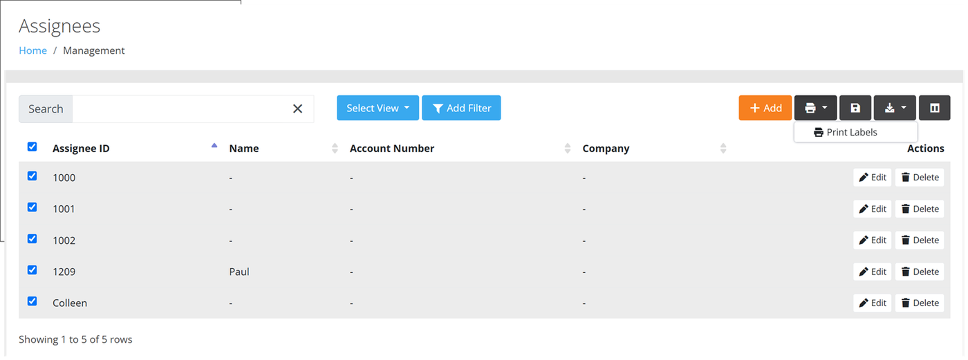 Assignees page with all assignee rows selected and the print menu open to the Print Labels option
