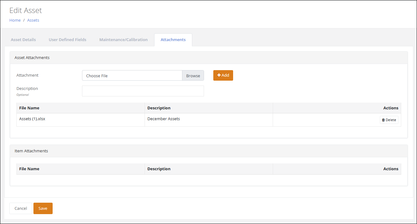 Edit Asset page on the Attachments tab with an uploaded file listed in the Asset Attachments grid alongside its description and a Delete button