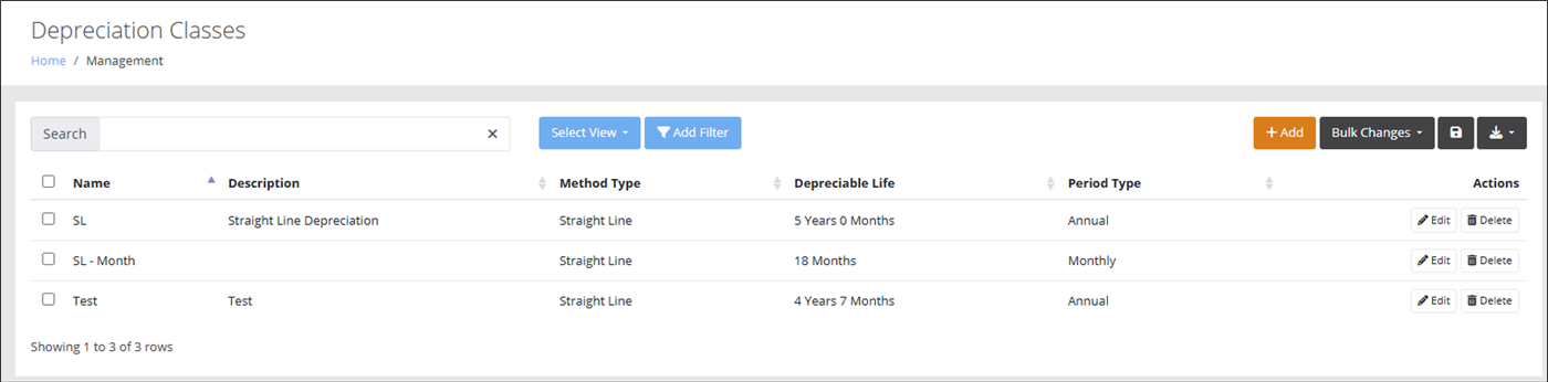 Depreciation Classes page listing classes by Name, Method Type, Depreciable Life and Period Type, with the Bulk Changes button